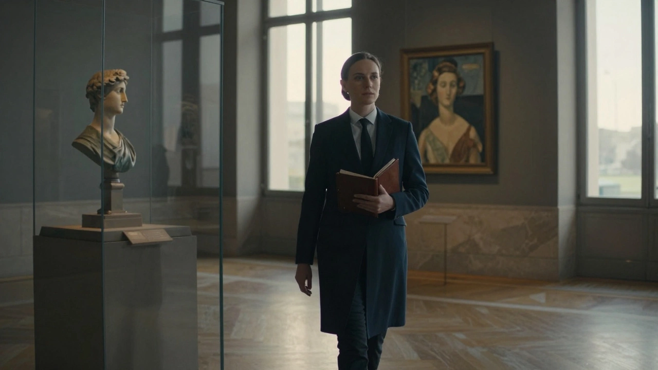 A woman walking through the Louvre gallery, reflecting beside a Renaissance portrait.